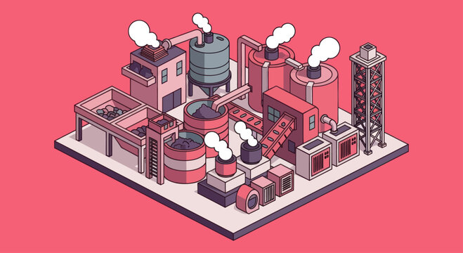 Isometric Industrial Factory Complex with Smokestacks and Silos.