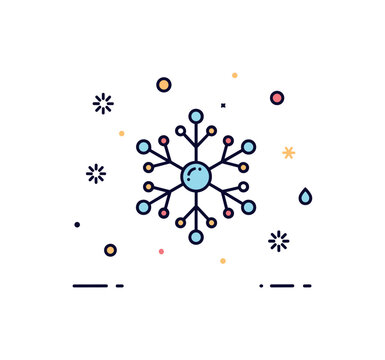 Frozen water molecule concept illustrated by a simple snowflake integrated with tiny circular nodes connected by thin lines, expressing the molecular basis of