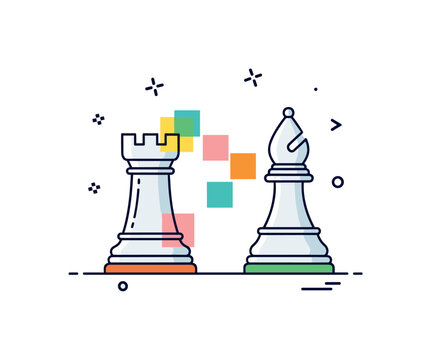 Chess tactics training scene featuring a rook and bishop positioned diagonally with subtle highlight squares, expressing pattern recognition and calculated