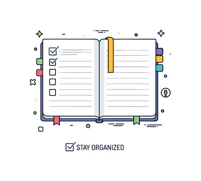 Bullet journal planning scene featuring an open notebook with simple checklist boxes and neat lines. A tiny checkmark icon and short ?Stay Organized? caption