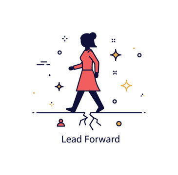 Women in leadership empowerment theme featuring a silhouette stepping confidently beyond a cracked ceiling line. Subtle decorative stars and a gentle ?Lead