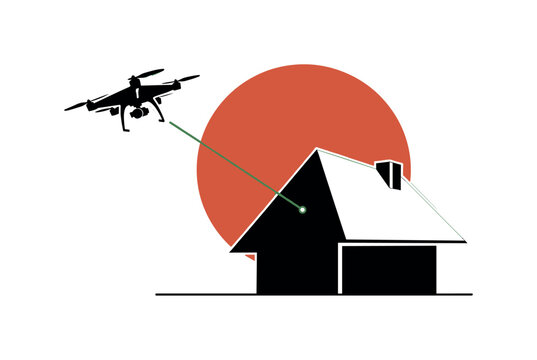 Black and white drone delivering to a geometric house silhouette, roof simplified into flat triangular shape, bold circular sun backdrop intersecting