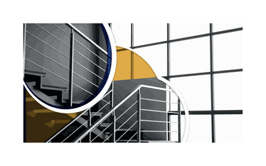 A monochrome close-up of metal staircase and railing inside a loft, oversized semicircles framing the upper structure, thin linear grid elements echoing window © Настя Шевчук