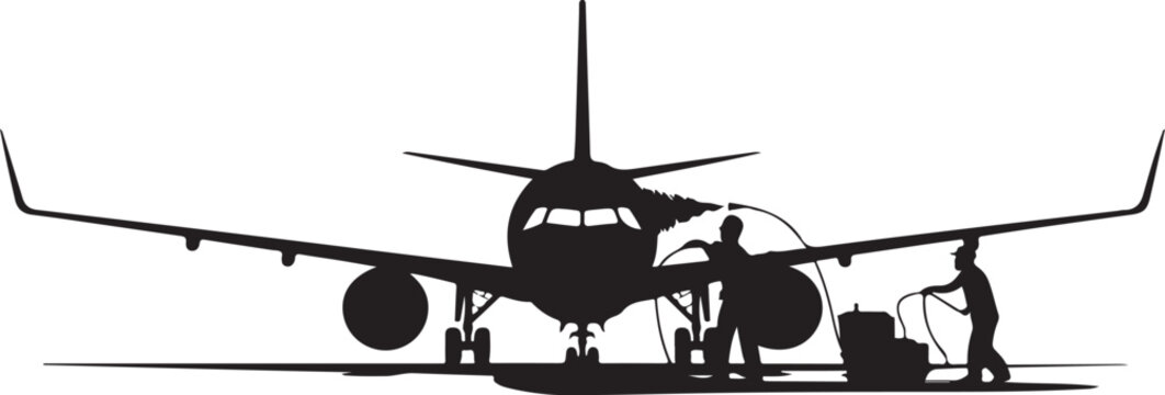 Black silhouette airplane being fueled by two ground crew members