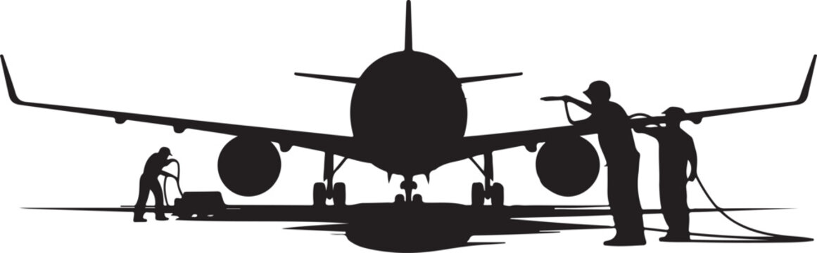 Black silhouette airplane being serviced by ground crew on tarmac