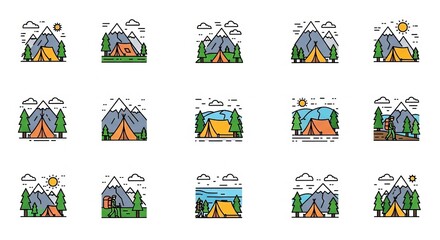 Fototapeta premium Colorful camping icons in mountains.