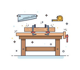 Fototapeta premium DIY carpentry workshop featuring a workbench with a plank secured by clamps, while small sawdust accents and a measuring tape icon suggest precision and