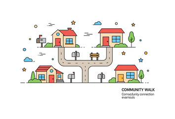 Obraz premium Suburban neighborhood concept featuring simple homes with front lawns, mailboxes, and a walking path connecting them, symbolizing calm residential life. A