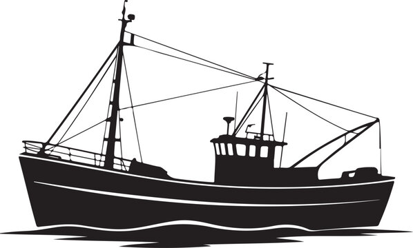 Black silhouette of a fishing boat on water