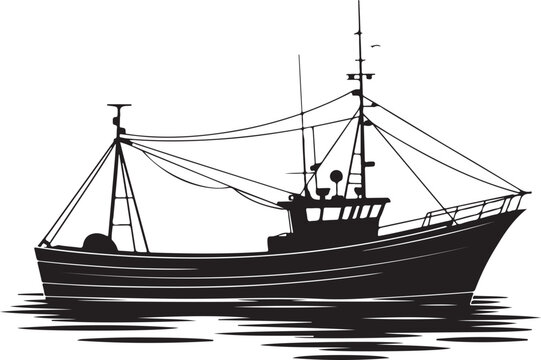 Black silhouette of a fishing boat on water