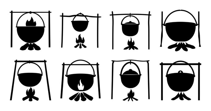 Diverse cauldron illustrations suspended over a campfire with minimalist black lines