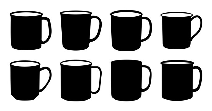 Collection of eight black coffee mugs arranged in a grid formation