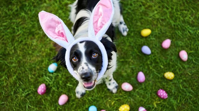 Dog with bunny ears on grass surrounded by colorful eggs, joyful pet celebration, Easter holiday playfulness, springtime fun, adorable puppy posing, festive pet fashion
