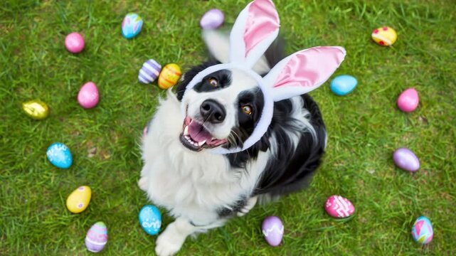 Dog with bunny ears on spring grass, easter canine costume with colorful eggs, playful pet celebration outdoors, happy dog expression, seasonal holiday decoration, springtime lawn background