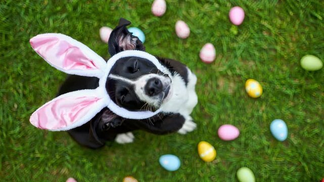 Dog with bunny ears surrounded by colorful Easter eggs, festive springtime celebration, playful pet costume outdoor photo, grass background, holiday decorations, happy Easter vibes