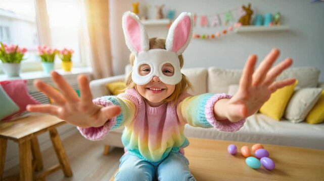 Joyful child in bunny ears mask stretching hands toward camera, colorful easter eggs on wooden table, playful holiday celebration at home, rainbow sweater spring decoration