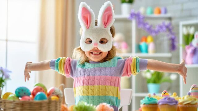 Joyful child in bunny mask with outstretched arms, pastel striped sweater, colorful easter eggs in basket, decorated cupcakes on table, spring indoor celebration scene, playful holiday joy