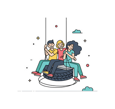 Friends playing on a tire swing together, laughing as they spin around, highlighting teamwork, fun, and energetic outdoor activities. Minimalist flat vector
