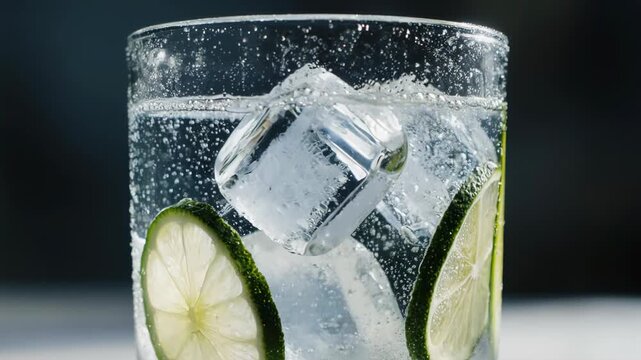 Cinematic macro video of a gin and tonic cocktail in a transparent glass, visible lime slices and ice cubes