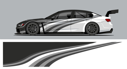 Obraz premium Sleek sports car profile with dynamic graphic stripes and modern design elements.