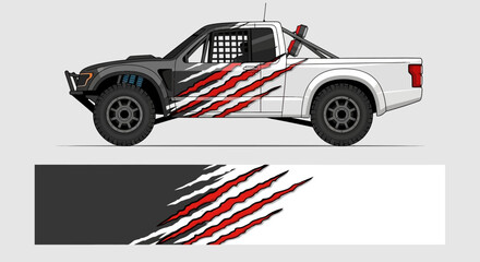 Rugged pickup truck featuring bold red and white diagonal racing stripes in high-contrast livery on a simple roadside background. © AhzaArdiansyah