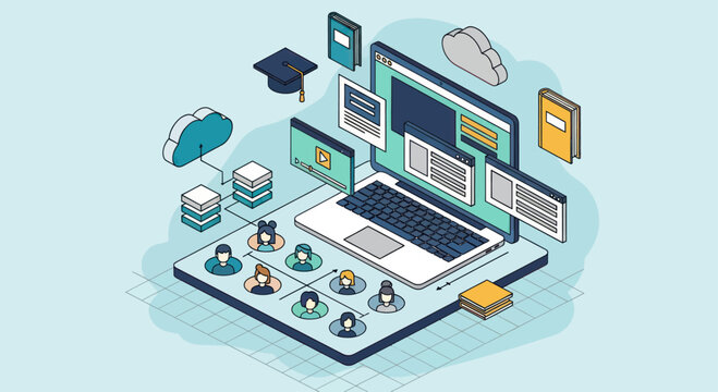Isometric E-learning Platform with Laptop and User Avatars.