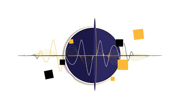 A monochrome cosmic scene centered on a bold flat circle representing spacetime curvature, intersected by thin geometric wave lines and floating abstract data
