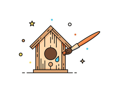 DIY bird shelter craft simple wooden birdhouse structure with a circular entrance and a paintbrush adding final touches. A charming micro scene expressing care