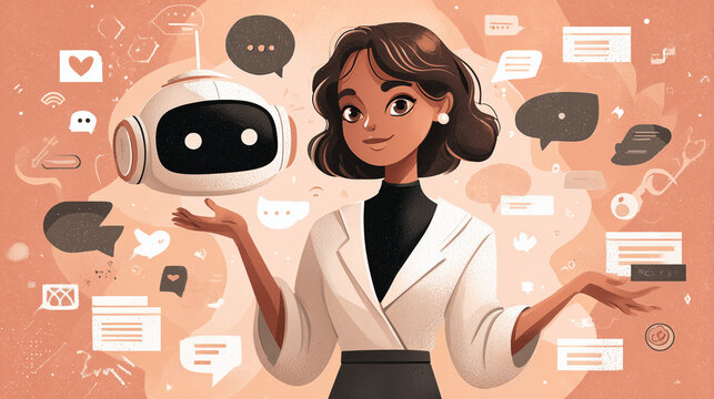 Woman interacting with AI chatbot, managing artificial intelligence, customer service automation, digital assistant communication