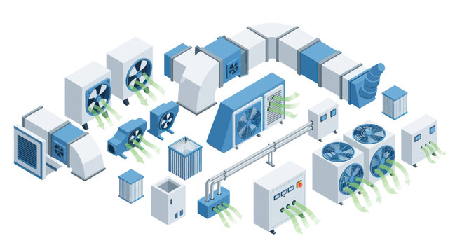 Isometric HVAC System Components for Industrial Ventilation.