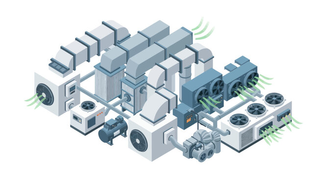 Isometric HVAC System Illustration for Air Conditioning and Ventilation.