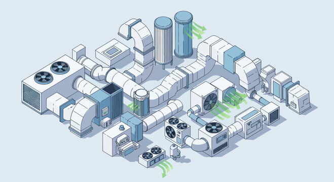 Isometric HVAC System Illustration for Industrial and Commercial Use.