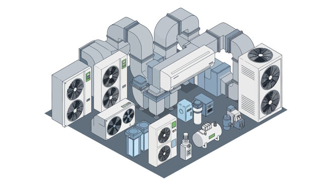 Isometric illustration of a complex HVAC system with multiple air handling units and ductwork.