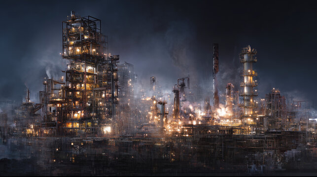 Night industrial city scape showing complex interconnected factory structures producing energy and pollution