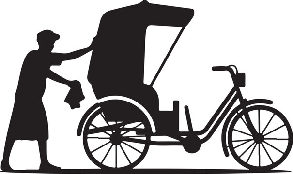 Black silhouette of man polishing rickshaw tricycle