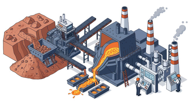 Isometric illustration of a metal smelting and refining plant.