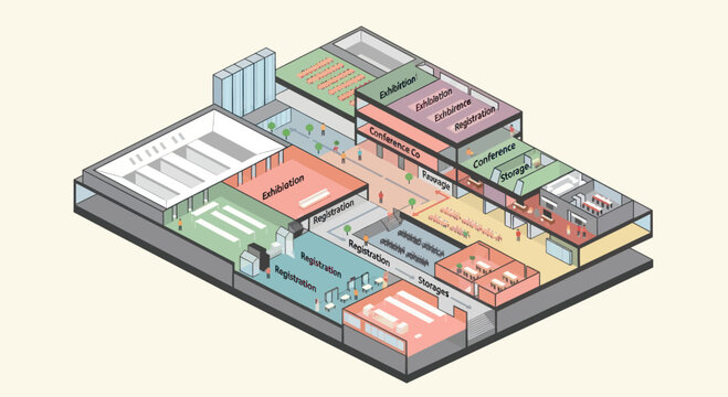 Isometric illustration of a modern data center with servers and cooling systems.