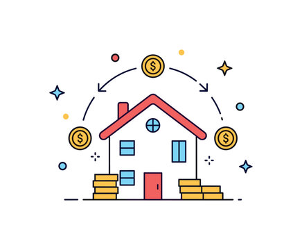 Metaverse rental income model featuring a digital apartment icon with small recurring coin symbols circling around it, representing passive income streams from
