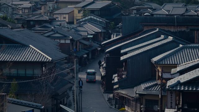 High viewpoint of Kyoto street with classic Japanese houses and quiet residential setting.