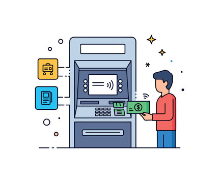 ATM machine showing a user withdrawing cash with a contactless card tap and small icons indicating digital banking features. Minimalist flat vector