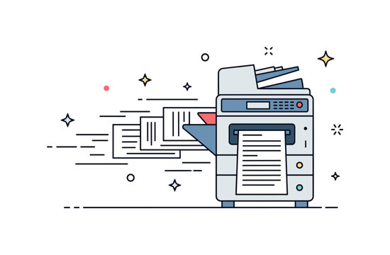 High-speed printer and copier with multiple sheets coming out simultaneously, showing rapid processing, productivity, and professional performance. Minimalist