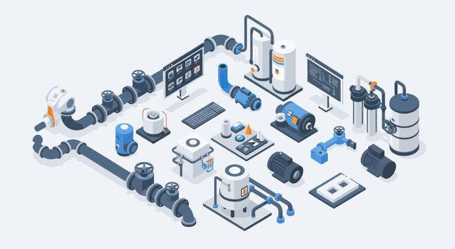 Isometric Industrial Equipment and Plumbing System Layout.