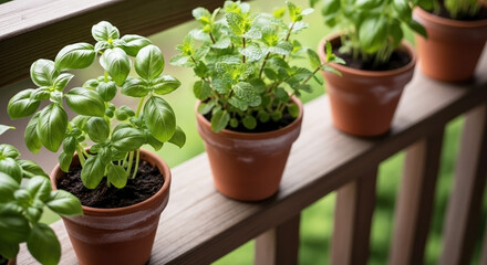 Fototapeta premium Lush green potted herbs, including fragrant basil and vibrant mint, neatly displayed on wooden balcony railing. Healthy potted herbs provide fresh ingredients for home cooking, culinary flavor.