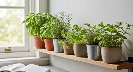 Fototapeta premium Lively potted herbs on kitchen rail, fresh basil, rosemary, cilantro, and mint. Culinary potted herbs on kitchen rail offer natural ingredients.