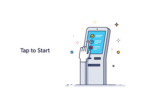 Touchscreen kiosk interface concept illustrated through a sleek standing terminal with a bright interactive display and simple menu icons. A subtle ?Tap to