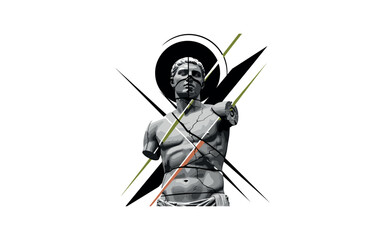 Obraz premium A realistic monochrome fragmented stone statue with a missing arm, bold circular halo behind symbolizing timelessness, sharp diagonal lines organizing the