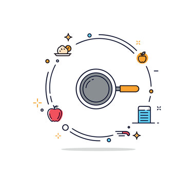 Culinary simplicity icon featuring a clean frying pan silhouette framed within a subtle circular outline, symbolizing everyday kitchen essentials and practical