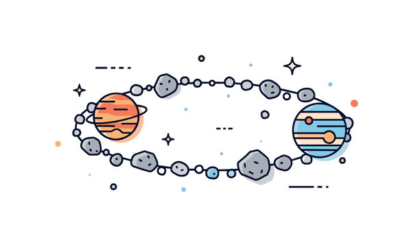 Asteroid belt visualization illustrated by a circular ring of small rock shapes positioned between two simplified planet icons, symbolizing the region between