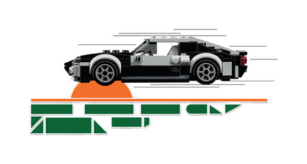 Fototapeta premium Black and white LEGO car positioned diagonally as if in motion, bright orange semicircle and dark green geometric blocks forming abstract road, thin parallel