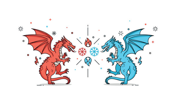 Fire and ice dragons battling shown as opposing elemental creatures with small flame and snowflake icons colliding at the center, expressing contrast and